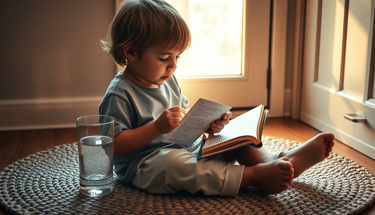 Young child reading a small chapter book on a sunlit rug at home