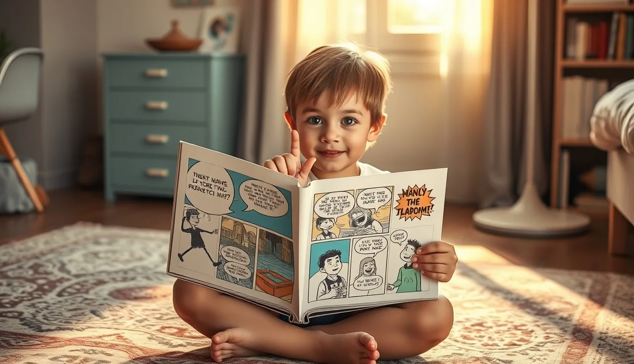Child reading a colorful comic book on a bedroom floor in afternoon light