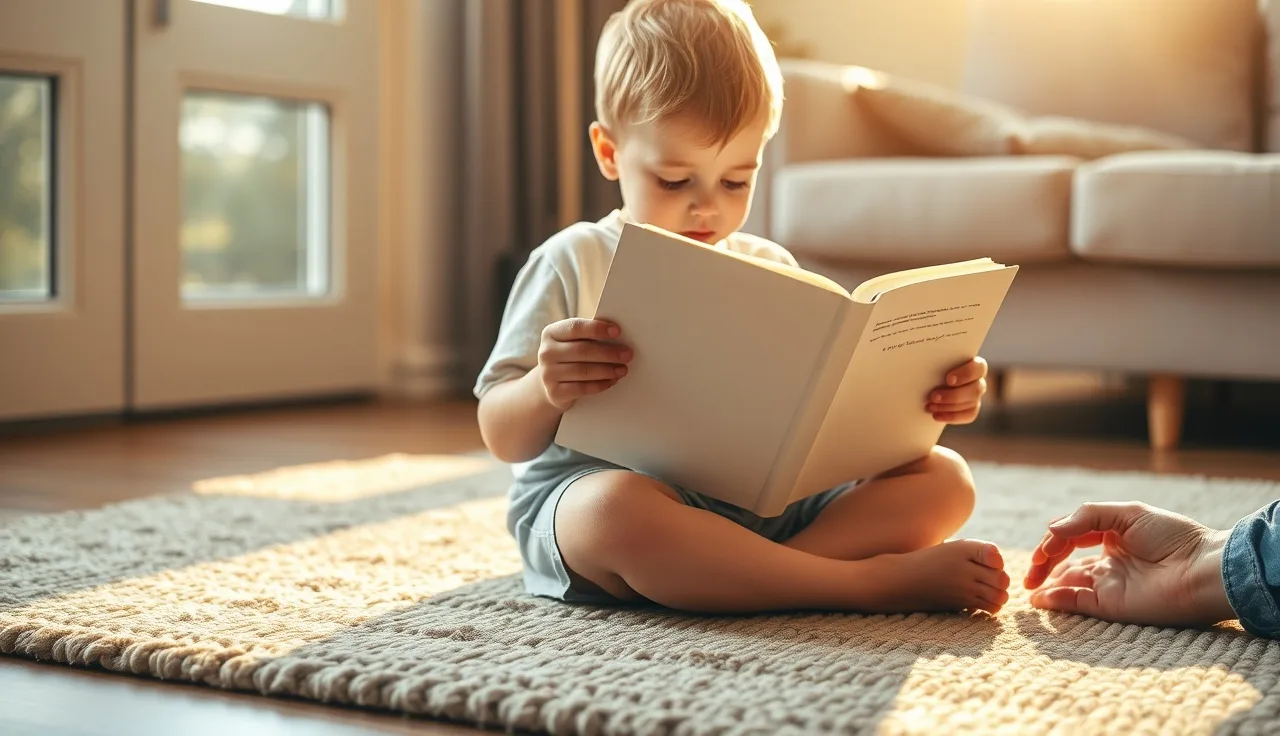 Young child reading a small decodable phonics book on a living room rug