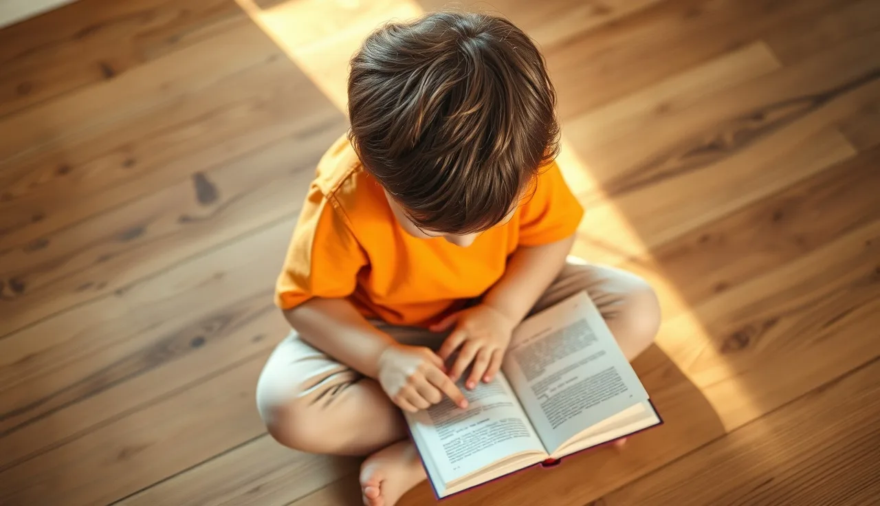 Young child reading a small book on a wooden floor in warm afternoon light