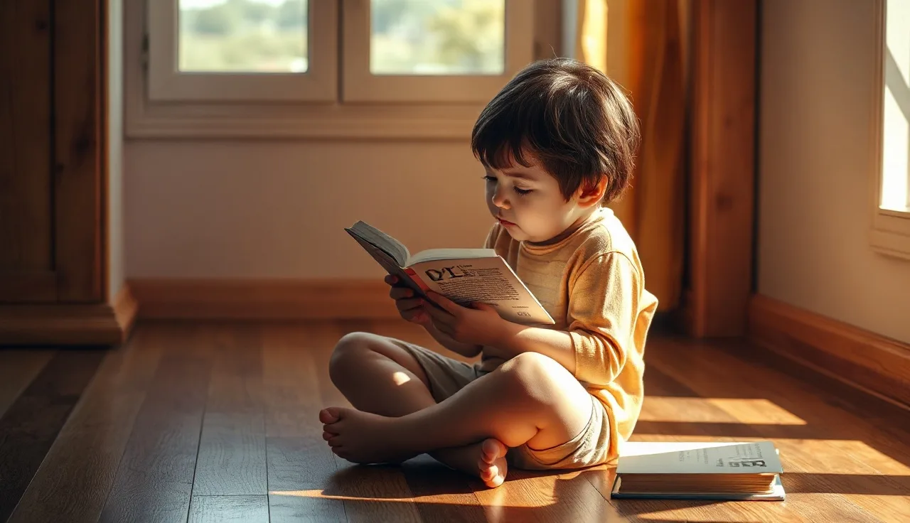 Young child reading a small paperback book on a sunlit wooden floor