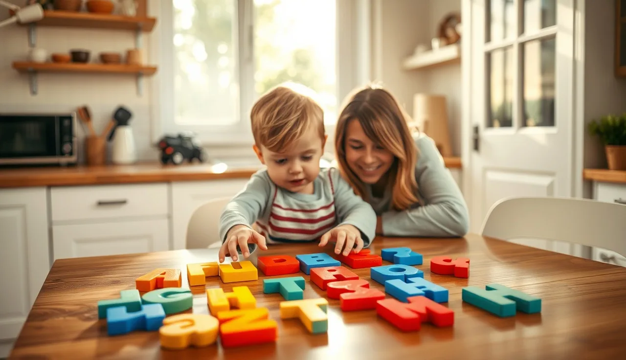 Child and parent working with letter tiles at a kitchen table, learning phonics