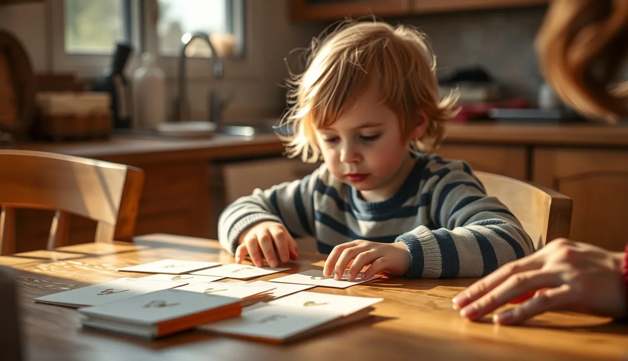 Young child at kitchen table studying handmade word practice cards with parent nearby