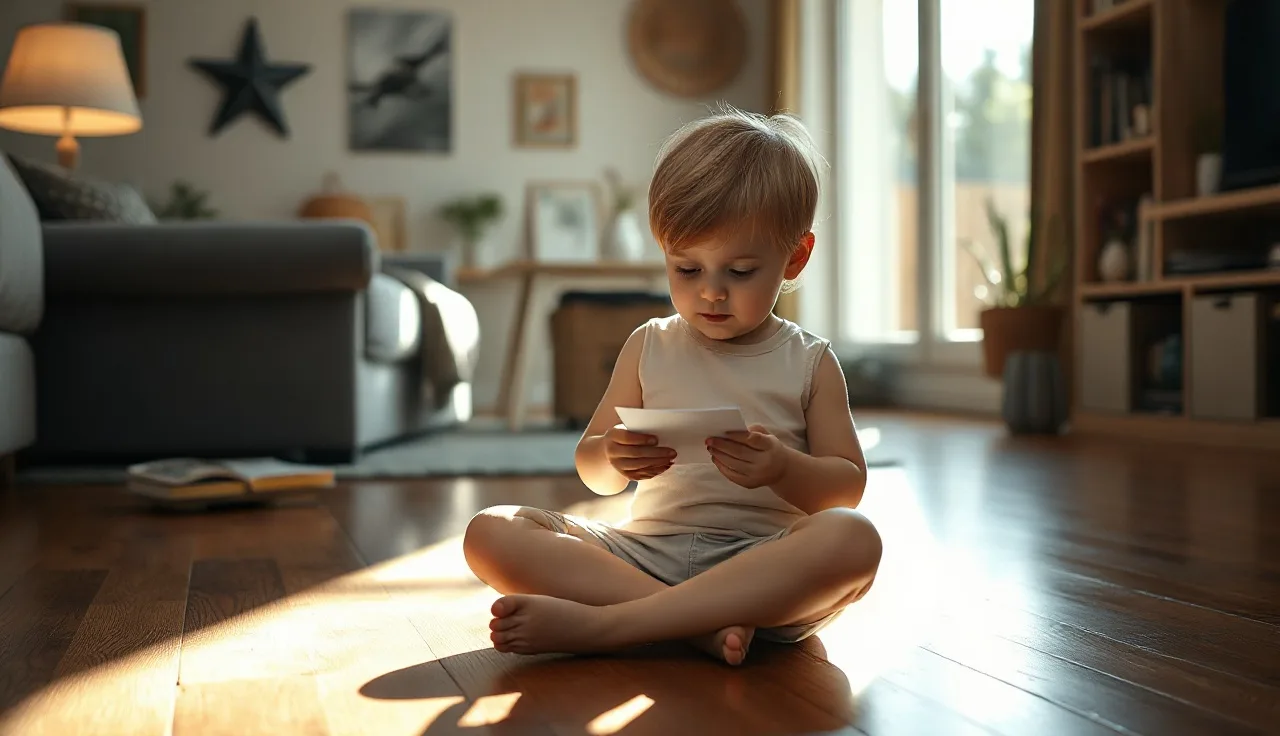 Young child on wooden floor holding a sight word practice card in sunlight