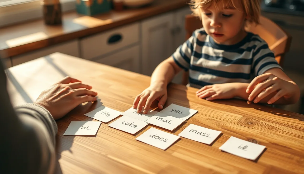 Young child studying handwritten word cards on a wooden kitchen table with a parent nearby