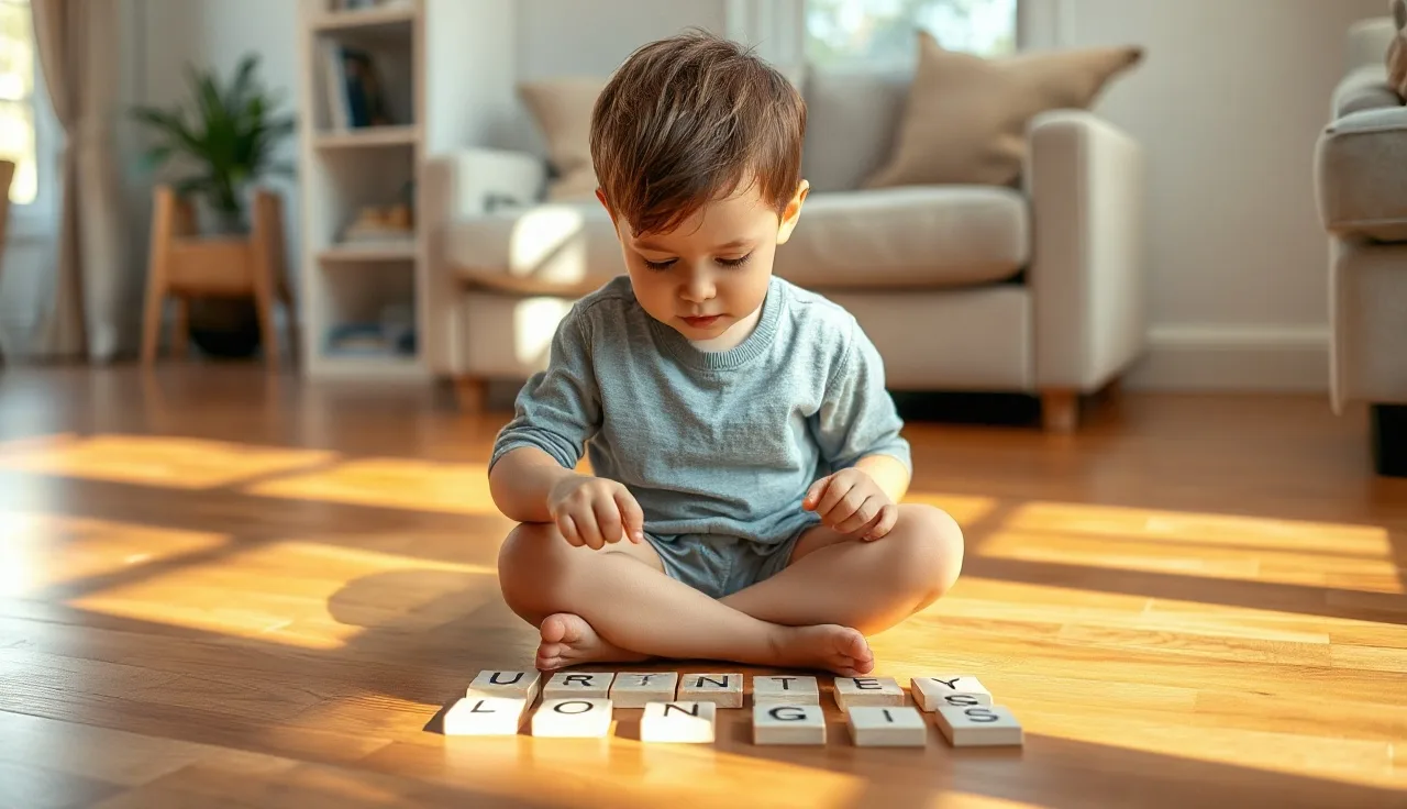 Young child arranging letter tiles on a wood floor while learning phonics
