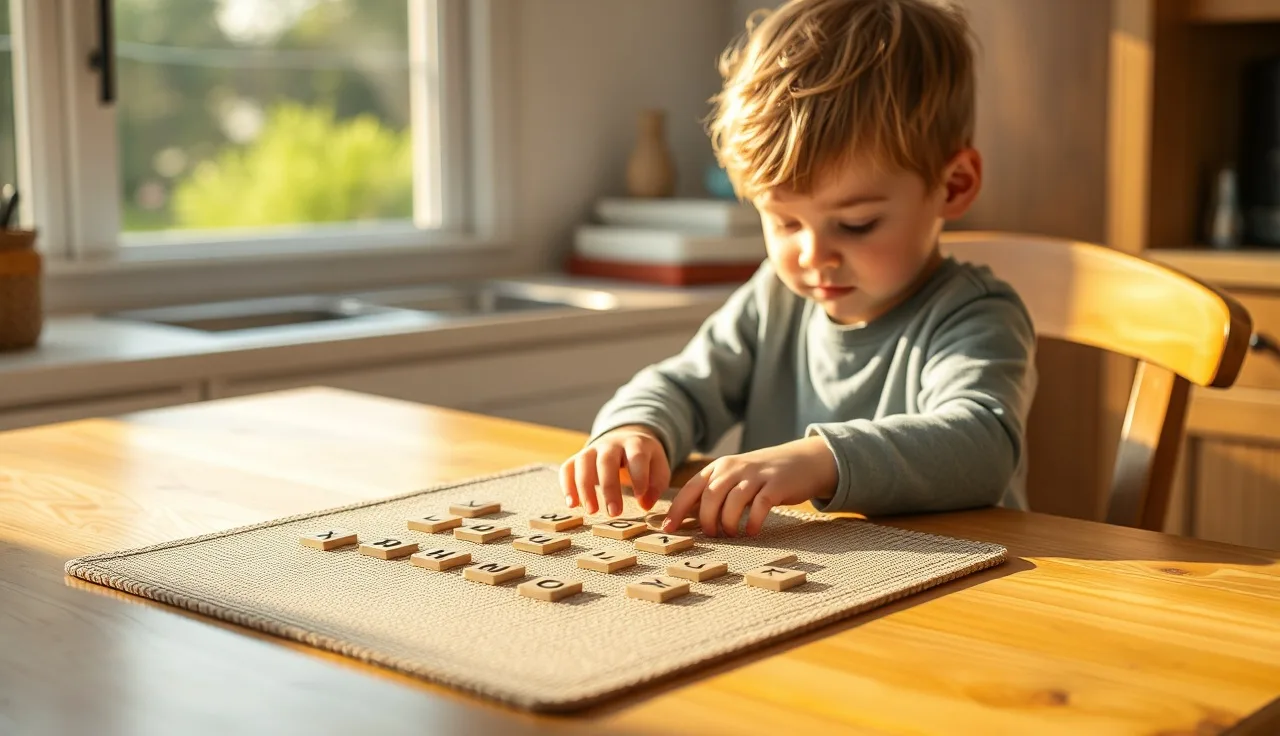 Young child arranging letter tiles on a table while learning phonics at home