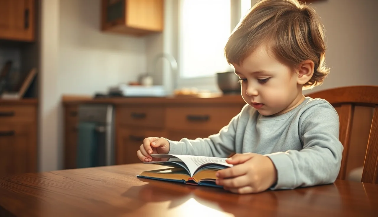 Young child reading a small book at a sunlit kitchen table