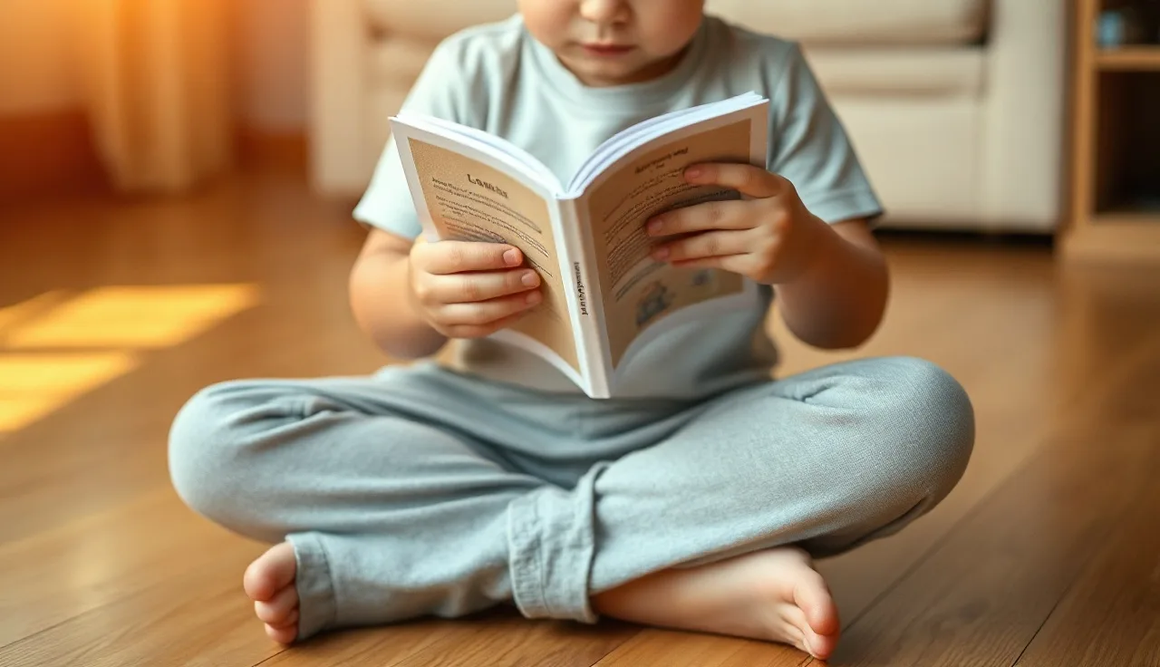 Young child reading a small printed decodable booklet on a wooden floor