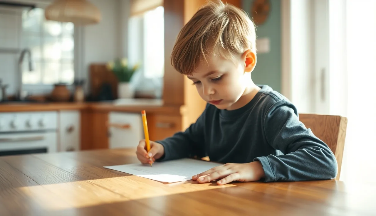 Child writing phonics practice words on paper at a sunny kitchen table