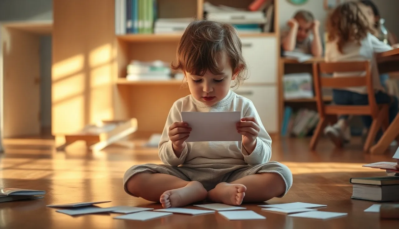Young child studying small word cards on a classroom floor