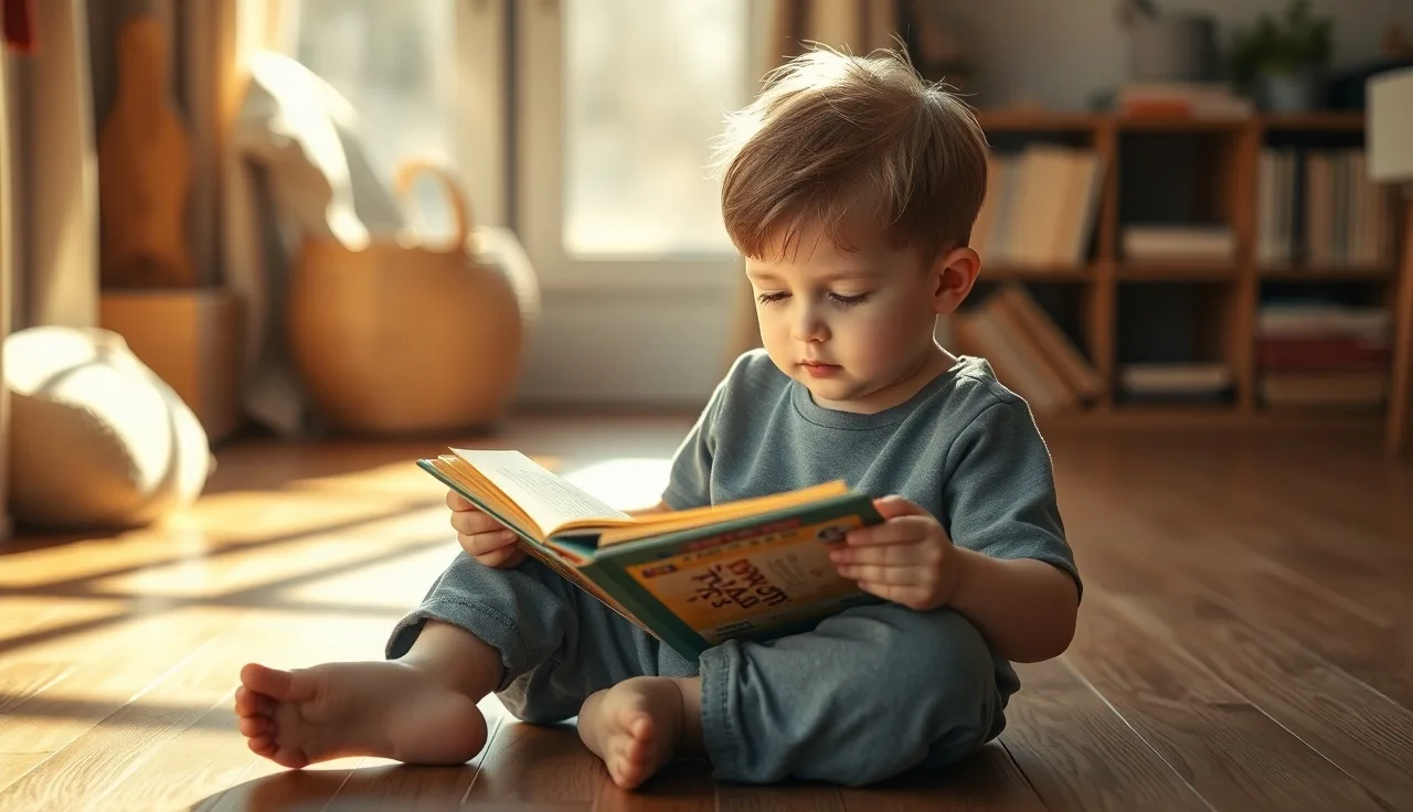 Young child reading a small paperback book on a wooden floor in afternoon light