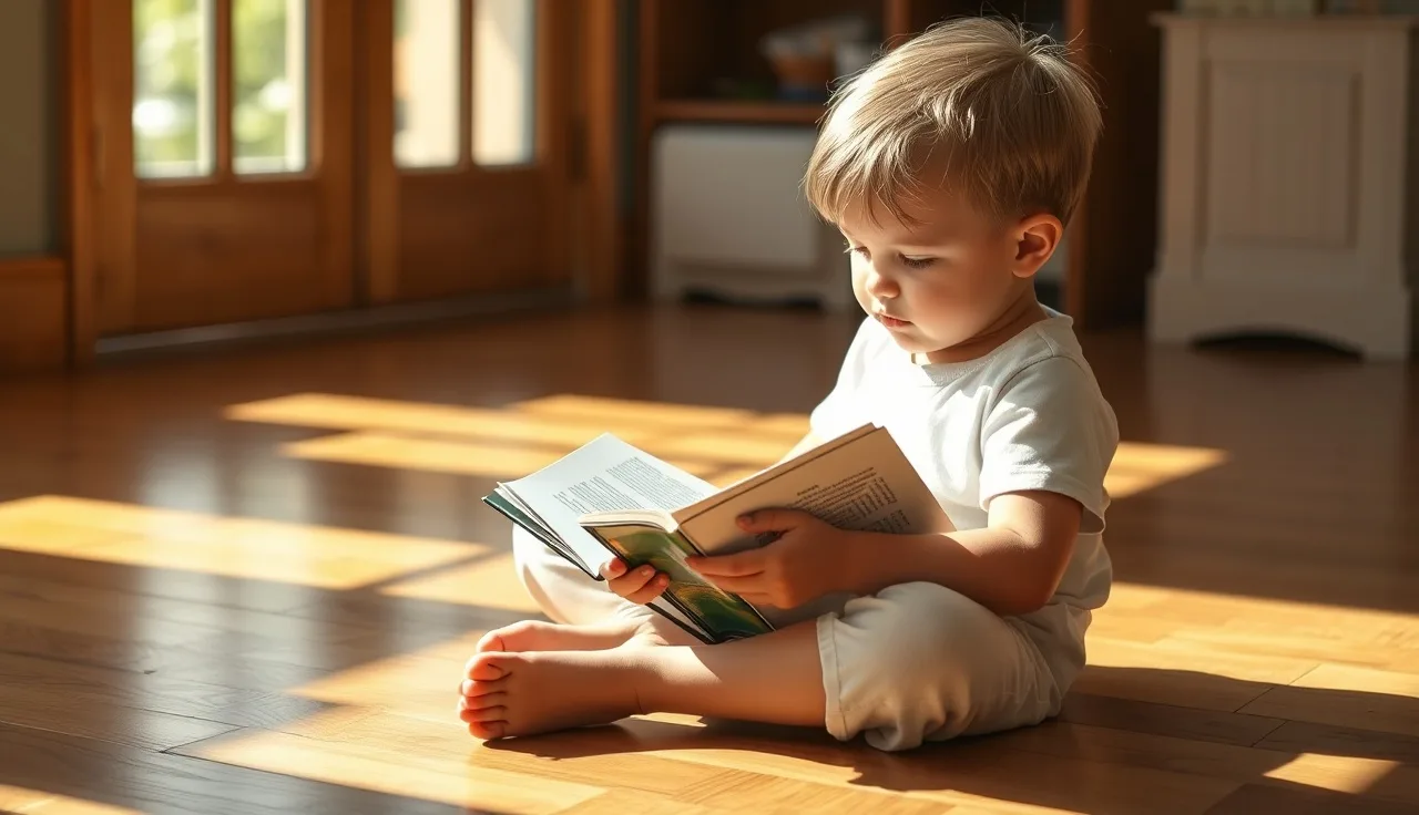 Young child reading a small decodable book on a sunlit wooden floor