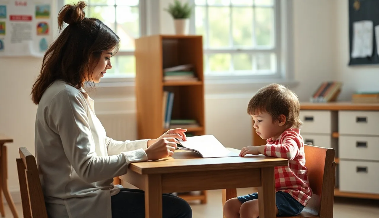Teacher and child working through a phonics word list at a small table