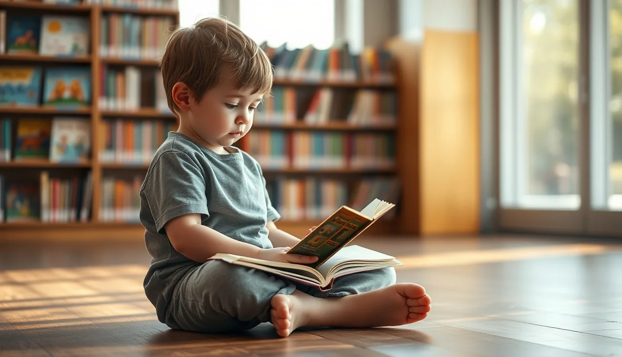 Young child reading a small book on a library floor in afternoon light