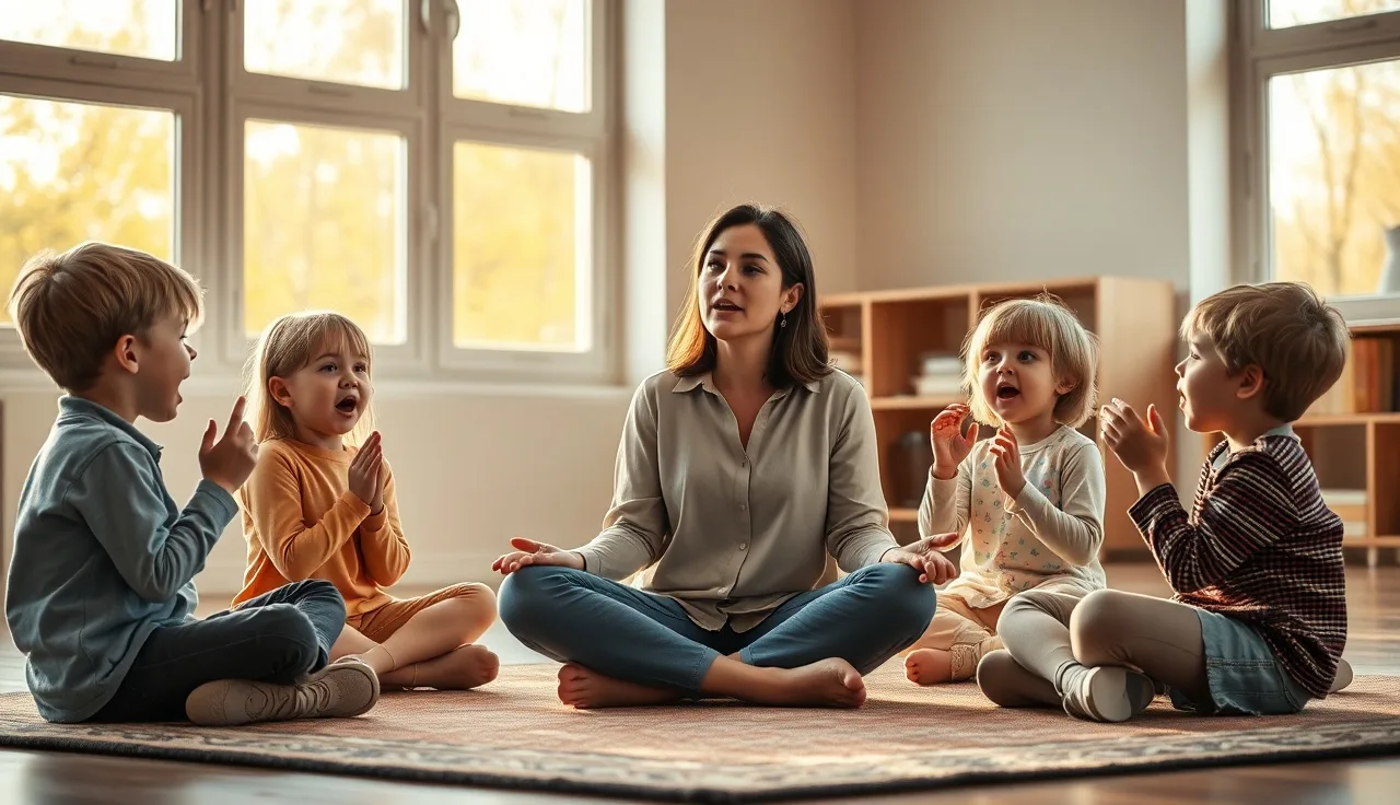 Teacher and young children doing phonemic awareness activities on a classroom rug