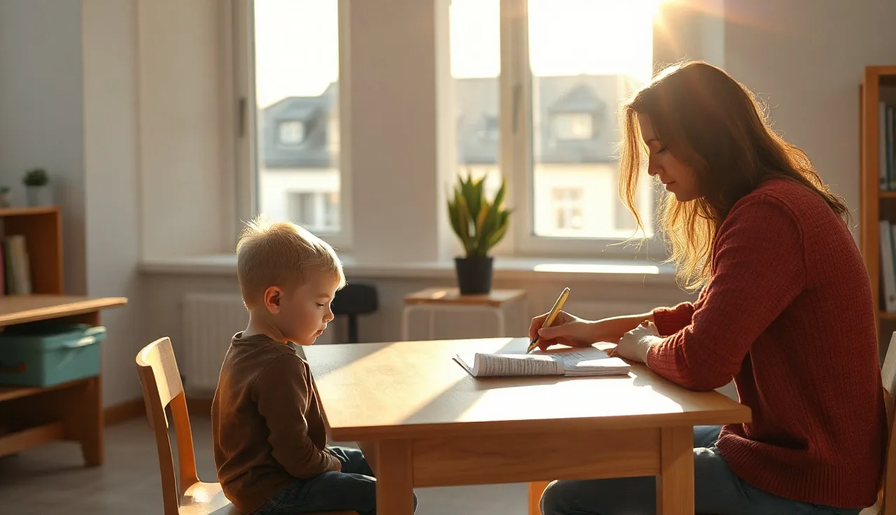 Child and adult tutor working together at a small table in a sunlit classroom