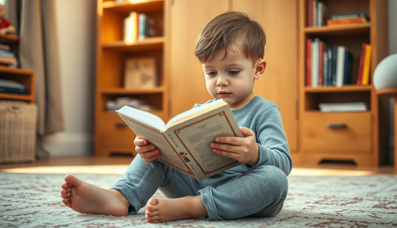 Child reading a small paperback book on a bedroom floor with afternoon light