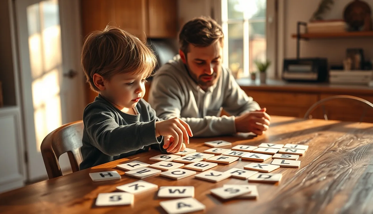 Parent and child working together on letter cards at a kitchen table for reading practice