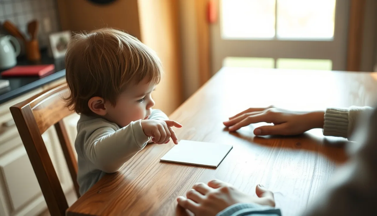 Young child pointing at a phonics card on a kitchen table with adult nearby