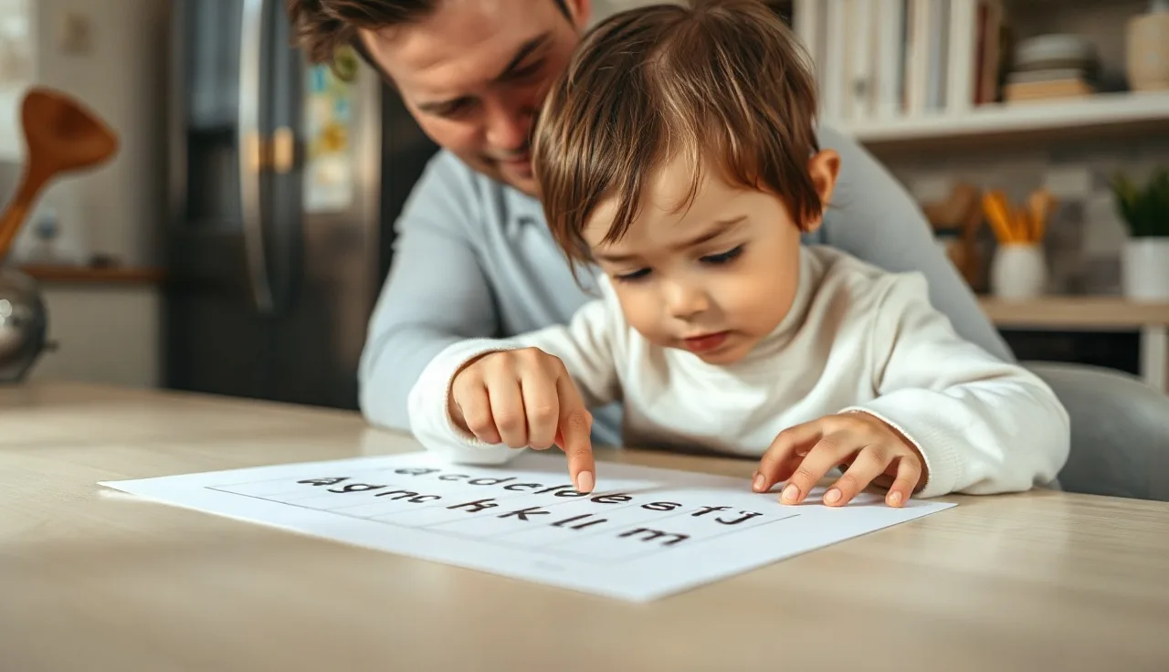 Parent and child practicing phonics together at a kitchen table