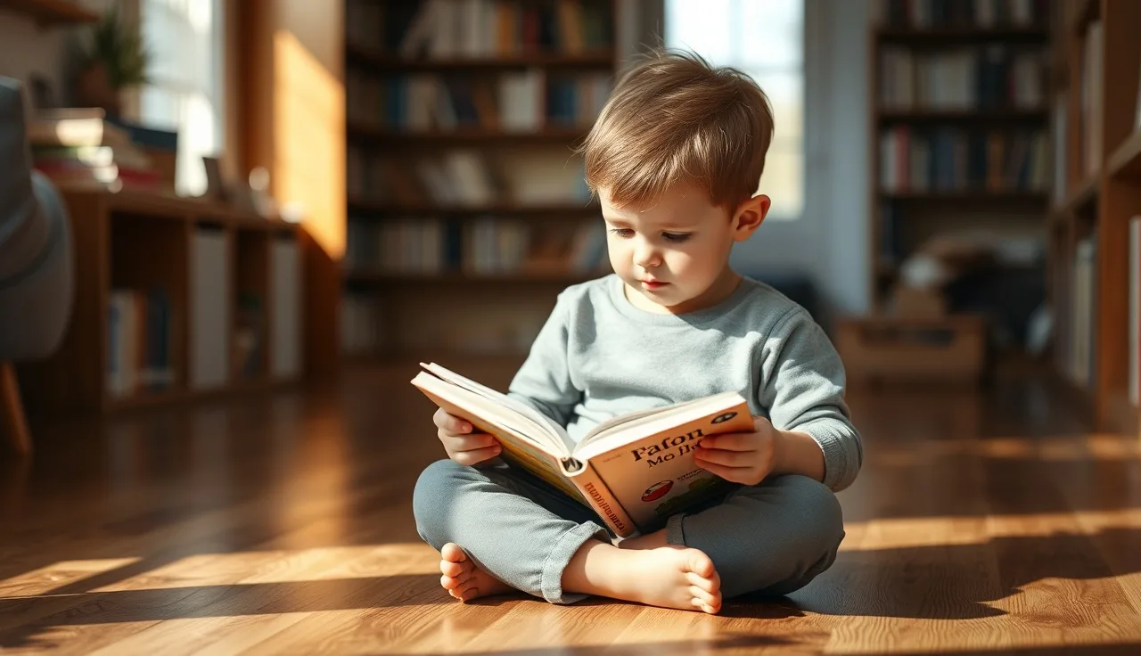 Young first-grade child reading a small paperback book on a hardwood floor