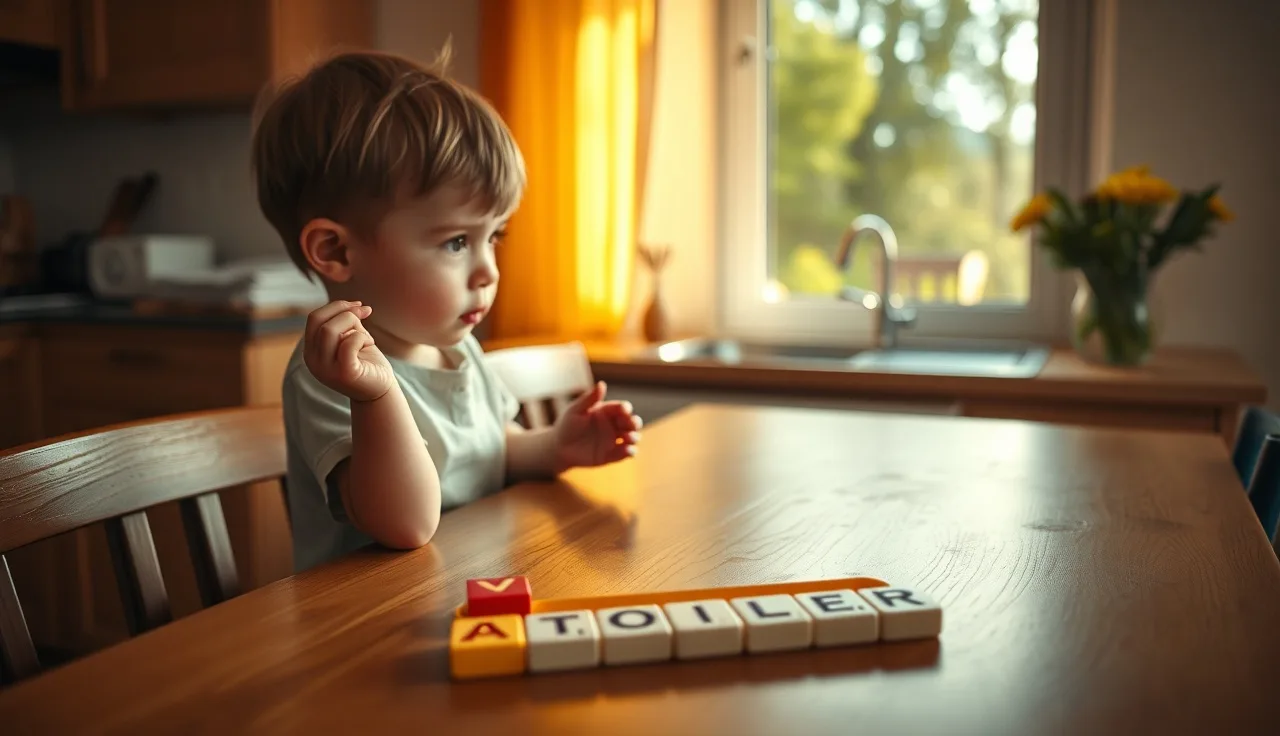 Young child arranging letter tiles on a kitchen table, learning to read