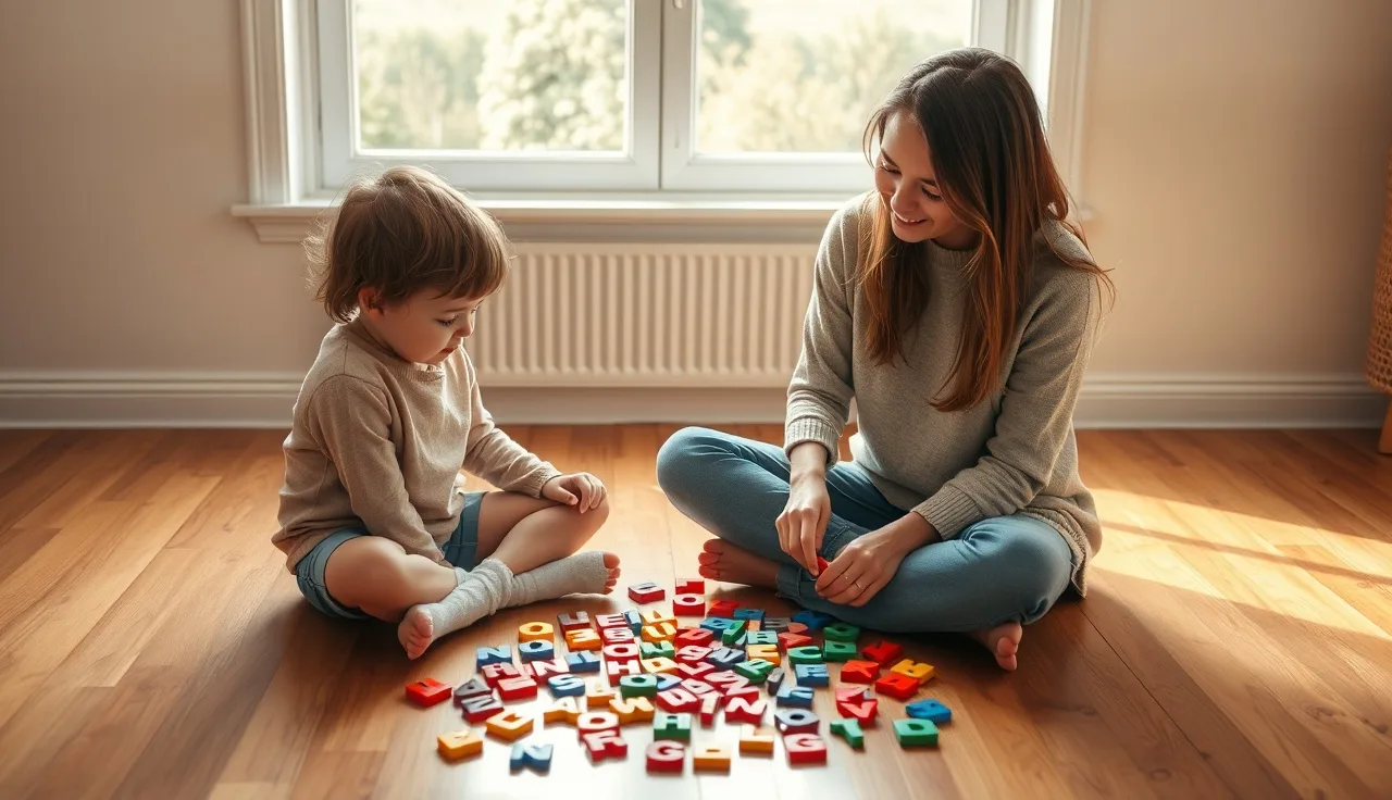 Child and adult arranging letter tiles on a sunny hardwood floor during phonics practice