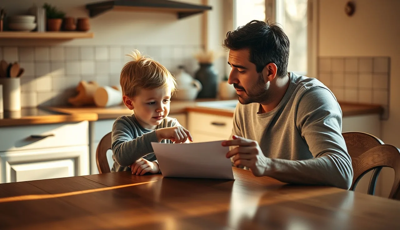 Child and adult working together at kitchen table during reading practice session