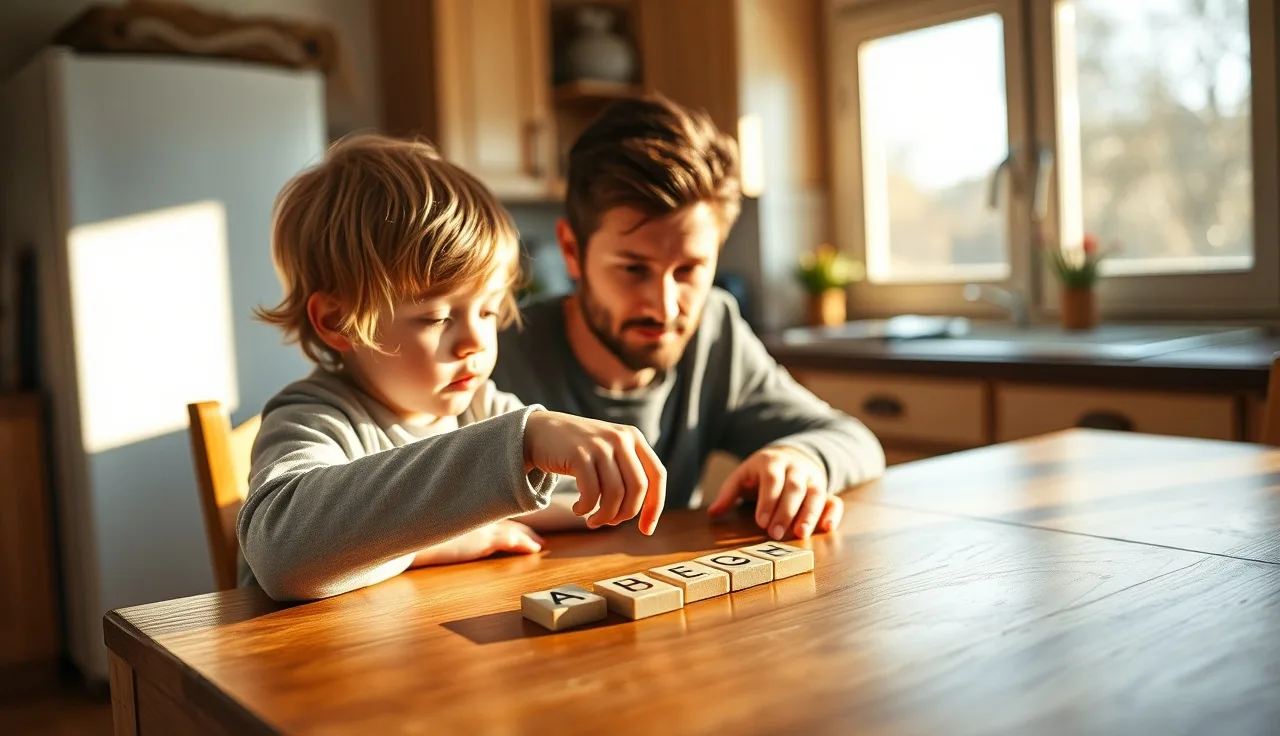 Child and adult practicing letter sounds with tiles at a kitchen table