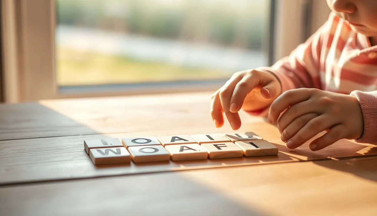 Child arranging wooden letter tiles on a sunlit table to practice phonics-based word building