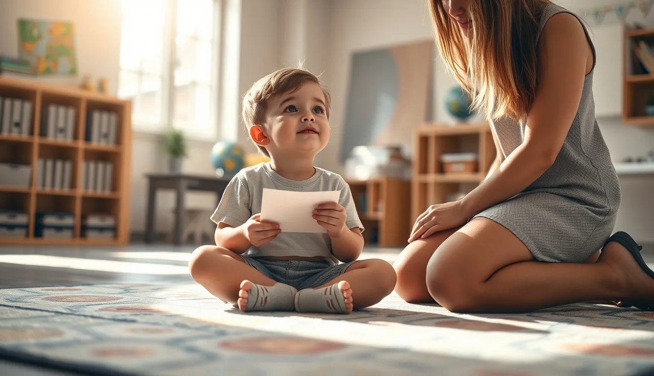 Child and adult reviewing a word card together on a classroom rug
