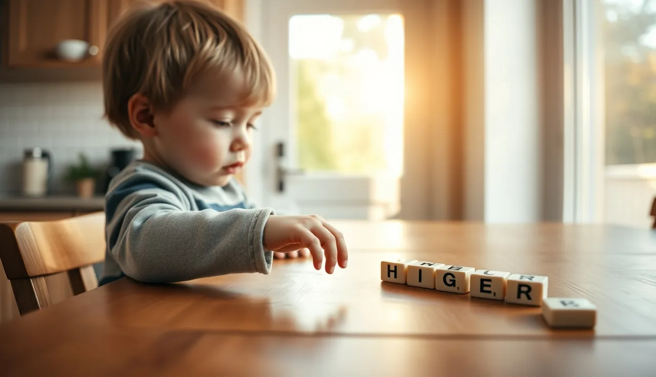 Young child arranging letter tiles on a wooden table during phonics practice