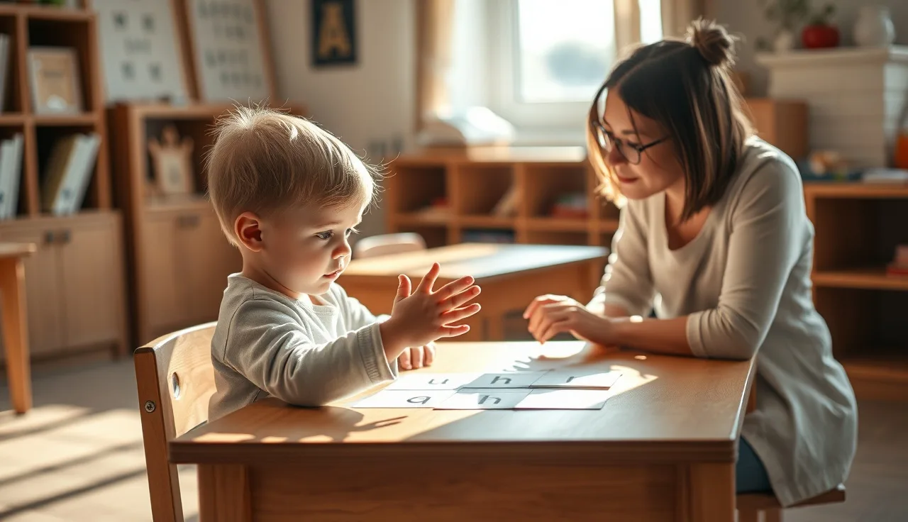 Young child making a hand action while learning a letter sound at a classroom table