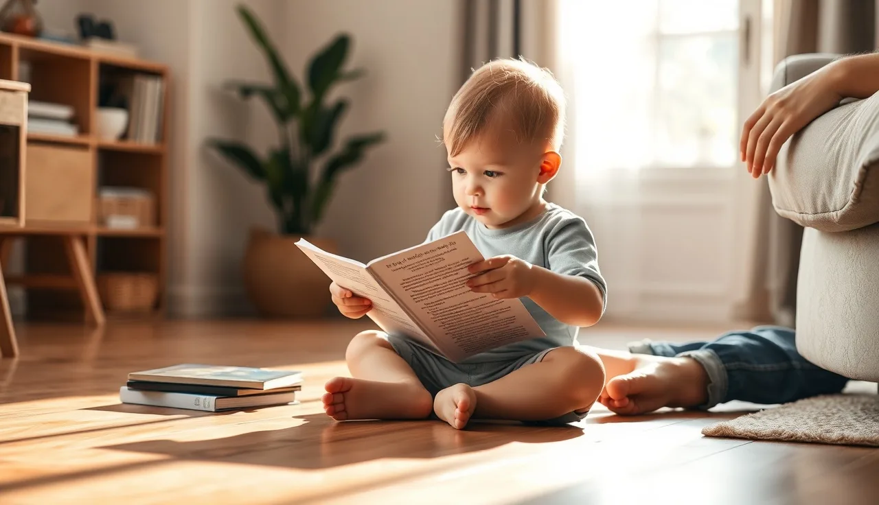 Child pointing at a page while adult sits nearby during reading practice at home