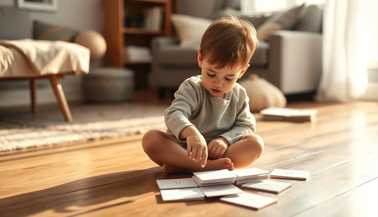 Young child and parent reviewing small word cards on a wooden floor