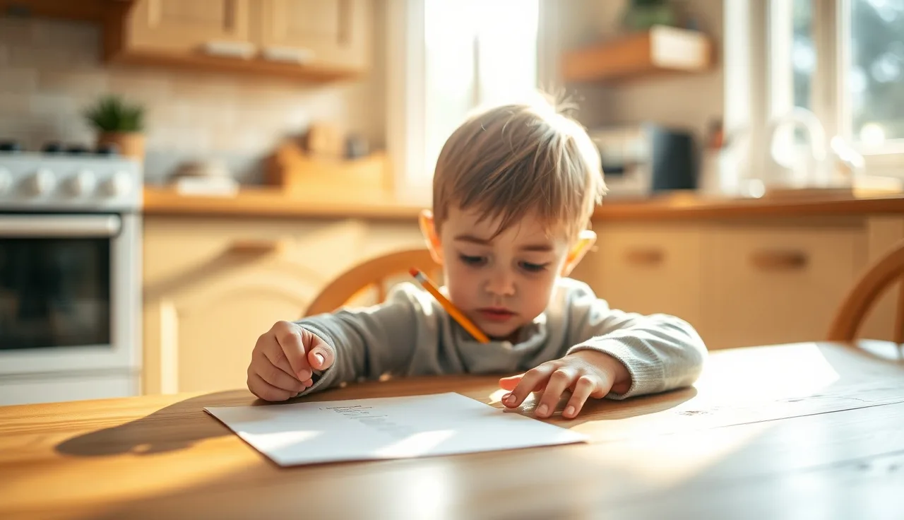 Young child writing with a pencil on paper at a sunny kitchen table