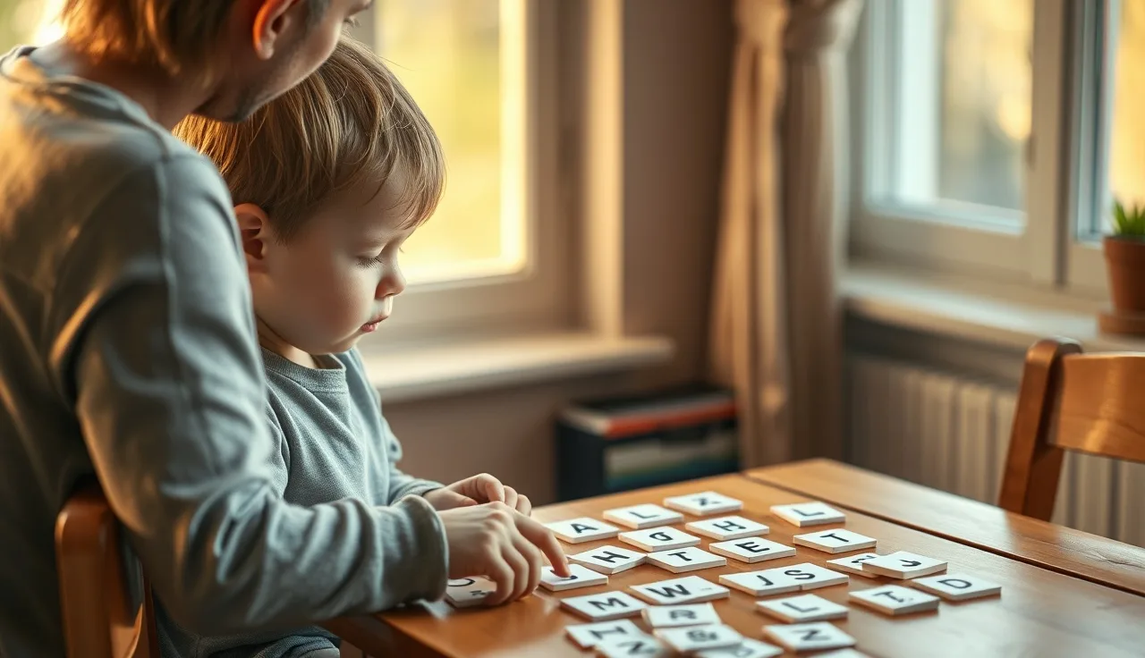 Young kindergartner and adult tutor working with letter cards at a sunlit table