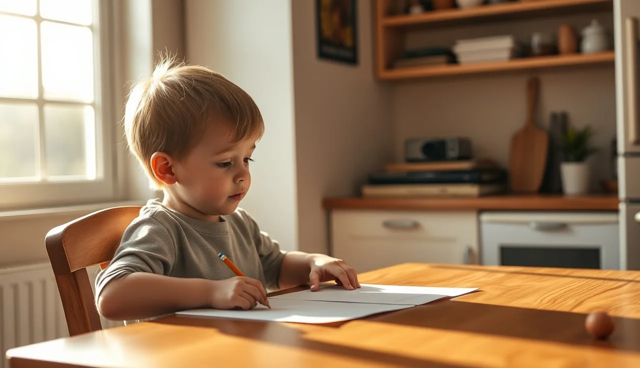 Young child practicing reading skills at a sunny kitchen table