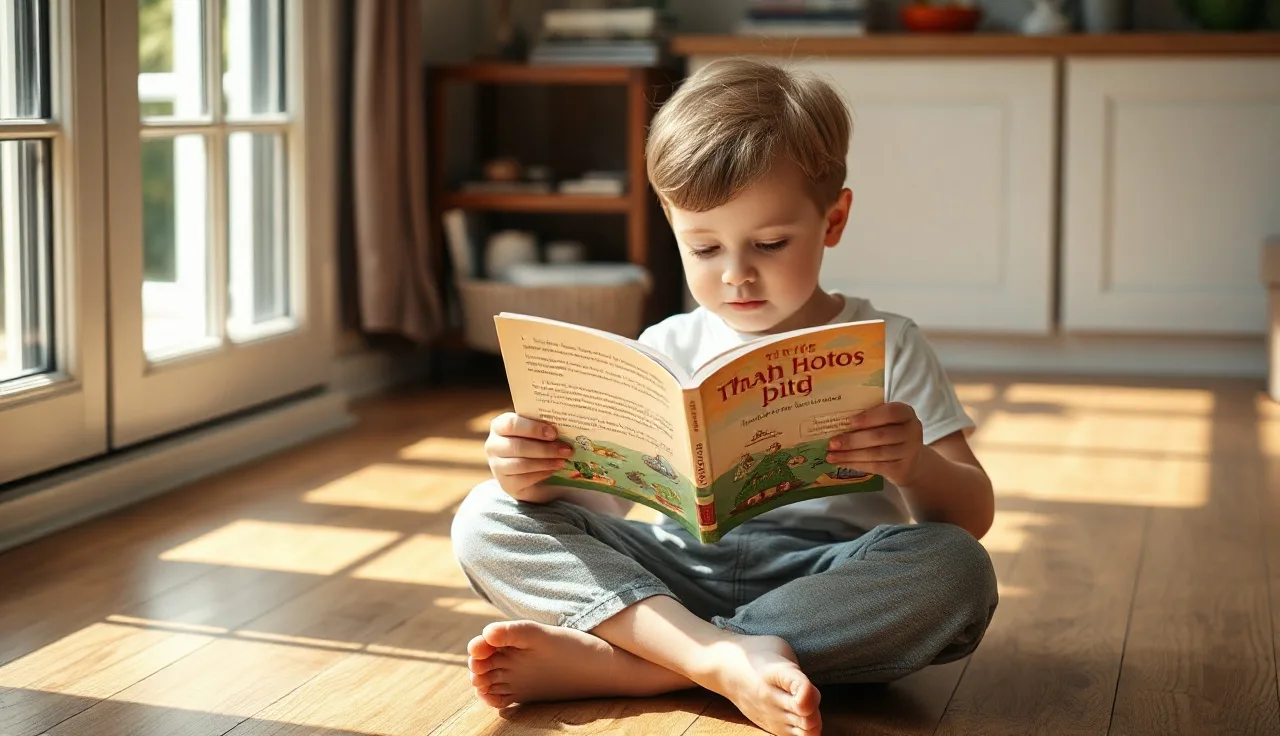 Young child reading a small paperback decodable book on a sunlit floor at home