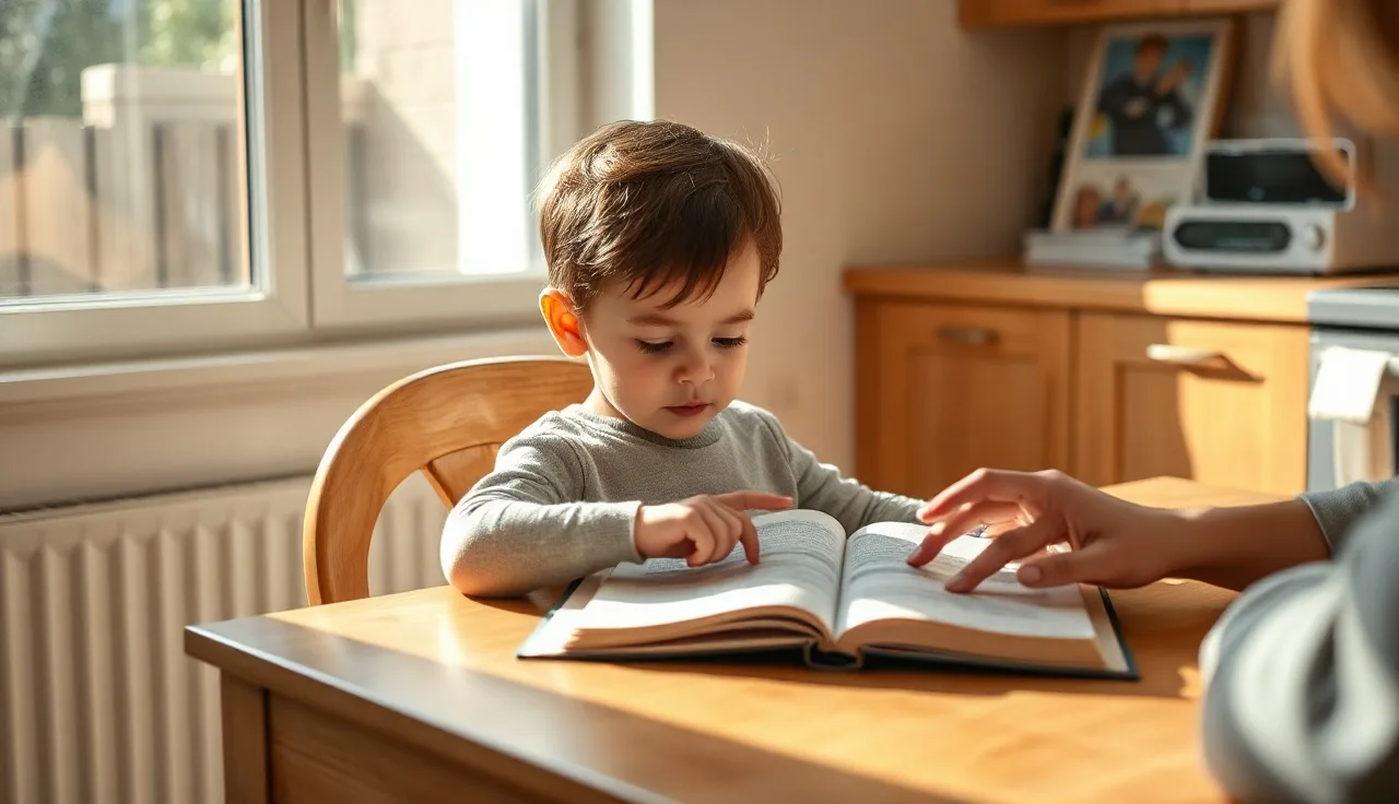 Young child pointing at a decodable book at a kitchen table with a parent nearby