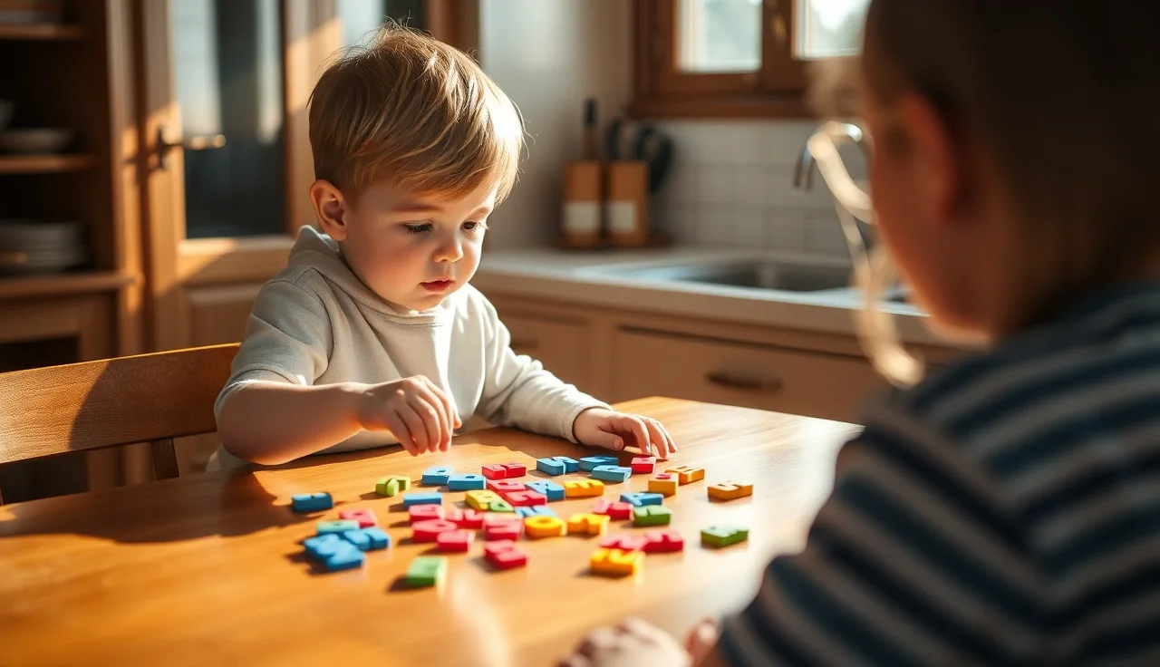Child arranging letter tiles on a wooden table while a parent watches