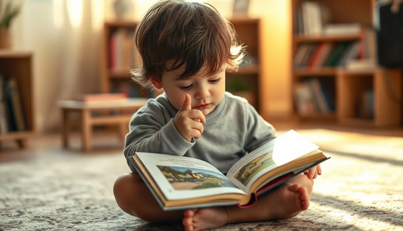 Young child pointing at words in a decodable picture book on a rug
