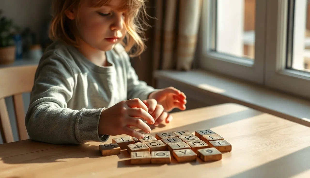 Child's hands arranging wooden letter tiles on a table while learning sight words
