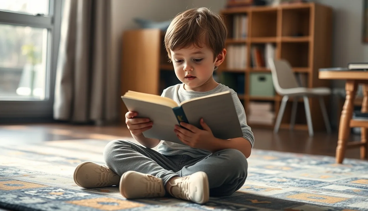 Young child reading a small paperback decodable book on a classroom rug