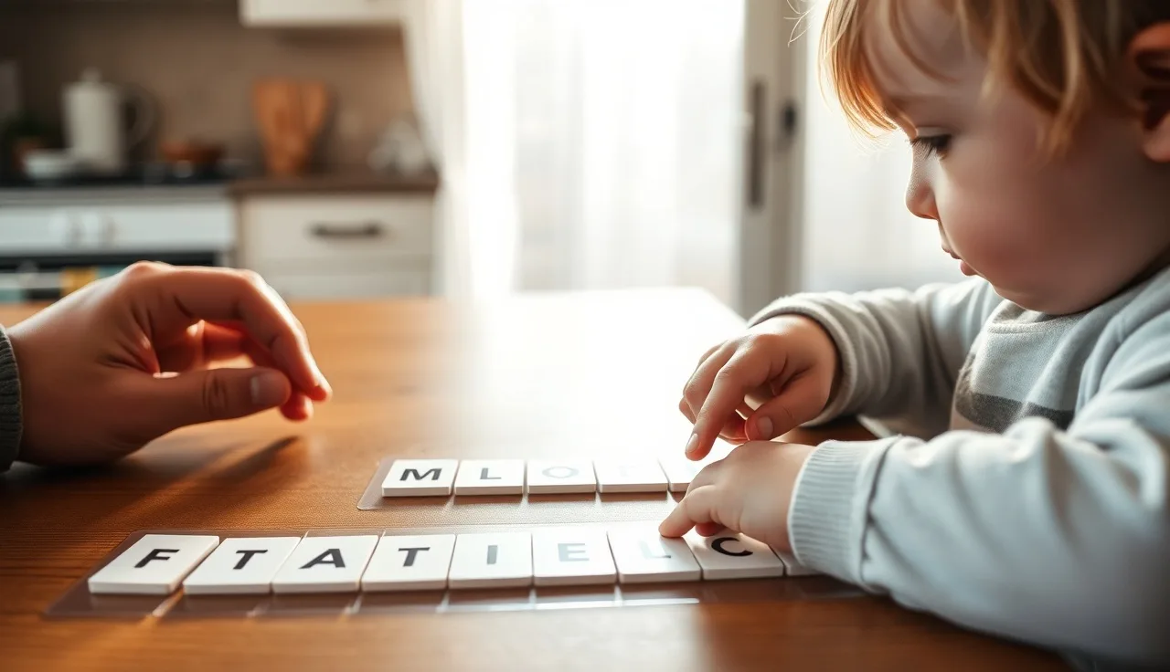 Child sliding letter cards on a blending board at a kitchen table