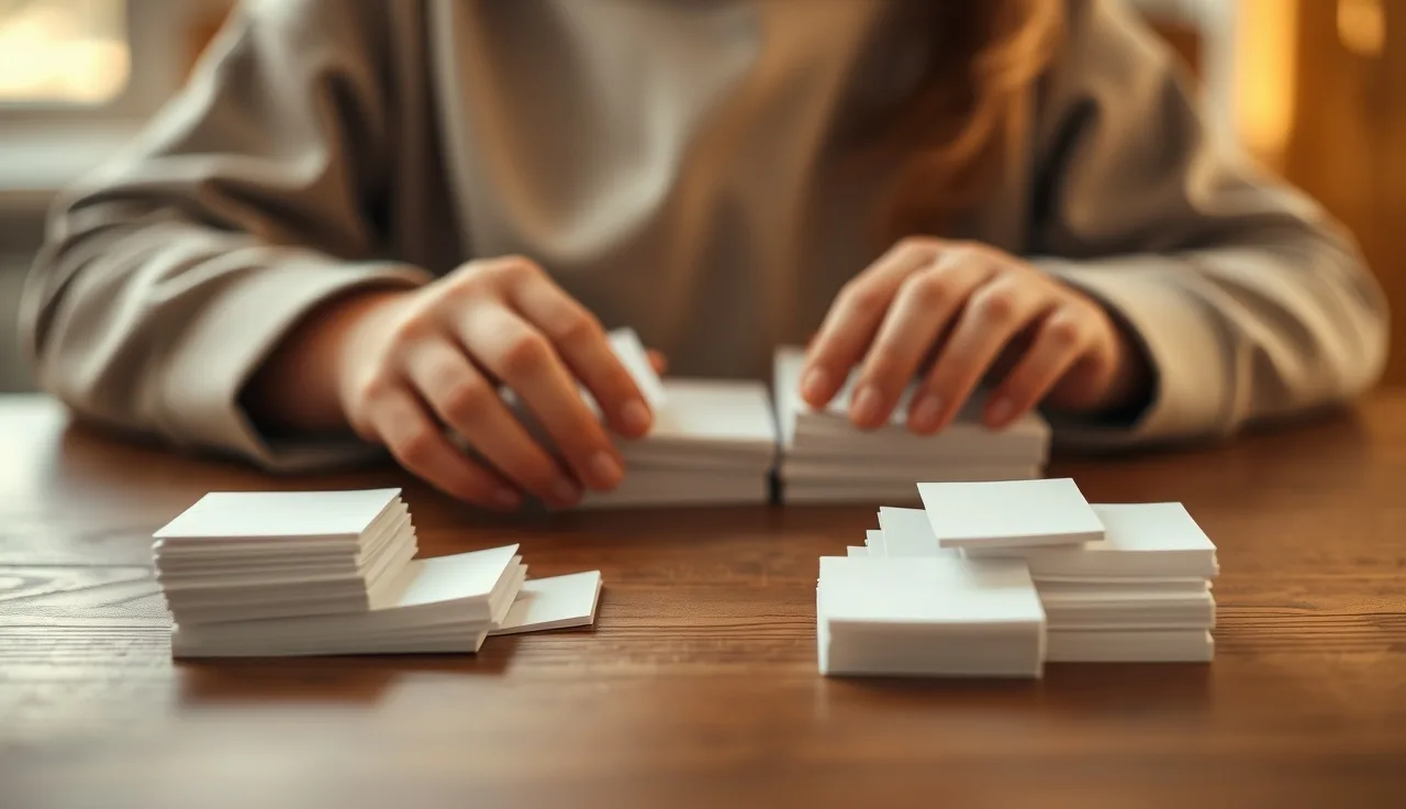 Child's hands sorting Orton-Gillingham phonogram practice cards at a wooden table