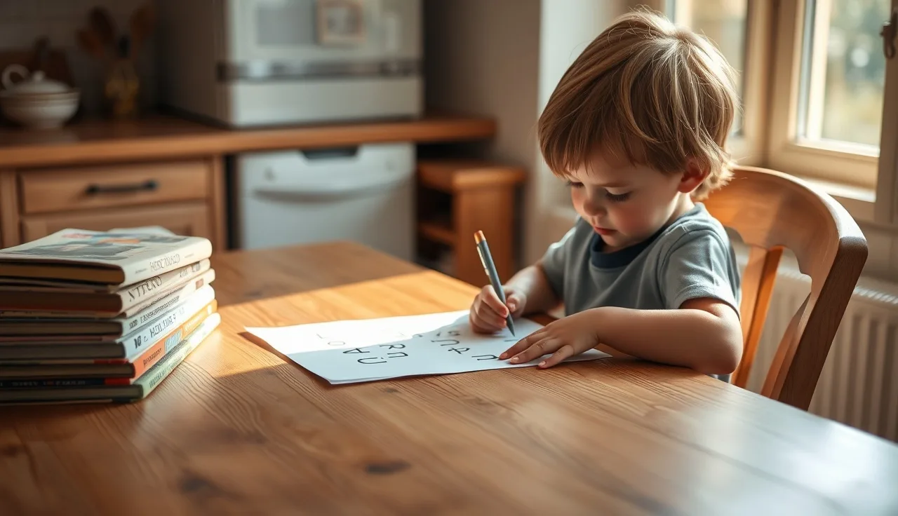 Child tracing letters at kitchen table with decodable reading books nearby