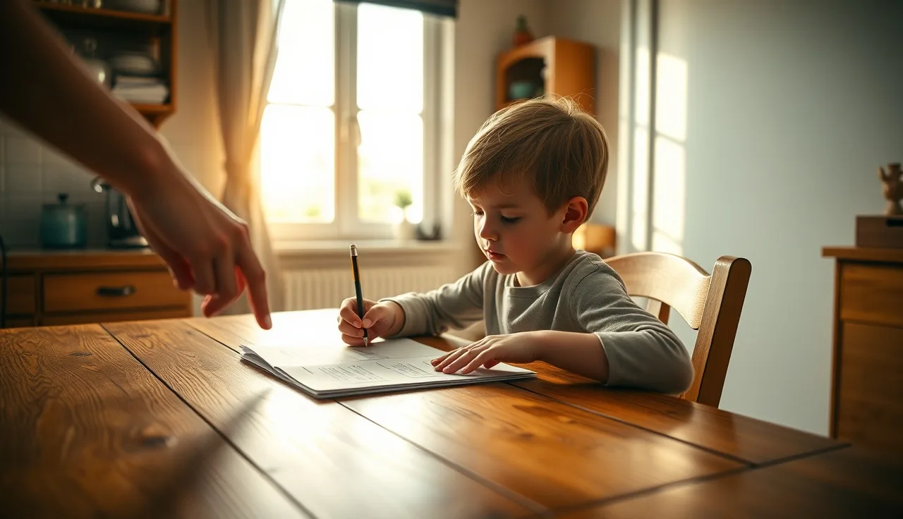 Child marking syllable divisions on paper at a kitchen table with adult guidance