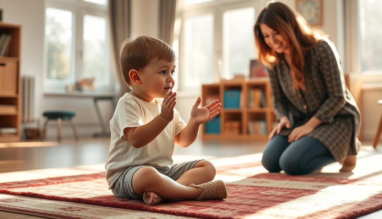 Young child and teacher practicing phonemic awareness clapping activity on classroom rug